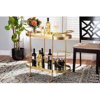 Baxton Studio JY20A268-Gold-Cart Baxton Studio Kamal Modern and Contemporary Glam Brushed Gold Finished Metal and Mirrored Glass 2-Tier Mobile Wine Bar Cart